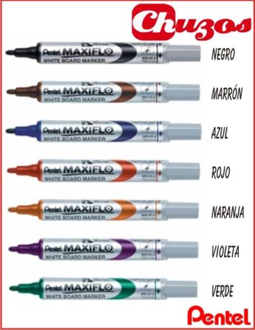 Pentel Maxiflo - Conjunto de 4 rotuladores borrables para pizarra blanca  (punta fina de cincel, incluye borrador)